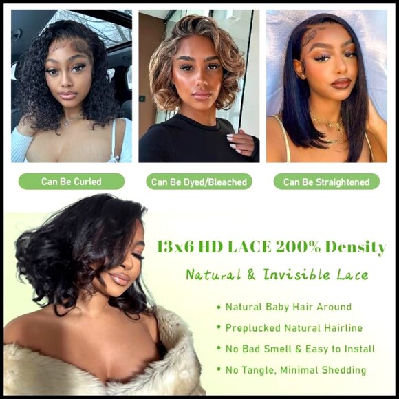 Human Hair Lace Front Wig Bob Style Glueless Pre Plucked Wavy Chic main image 4